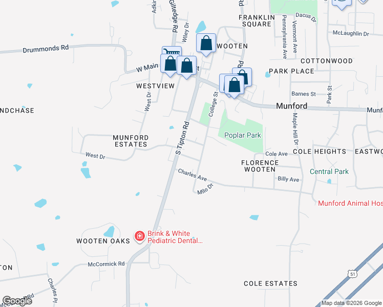 map of restaurants, bars, coffee shops, grocery stores, and more near 60 Wooten Ave in Munford