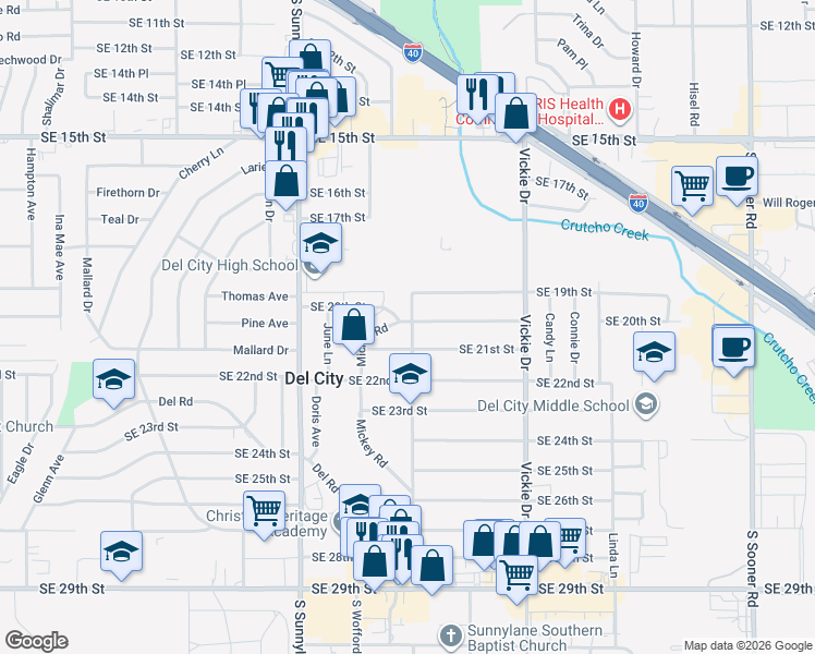 map of restaurants, bars, coffee shops, grocery stores, and more near 4424 Southeast 20th Street in Del City