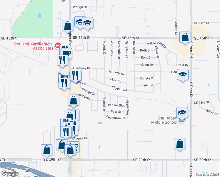 map of restaurants, bars, coffee shops, grocery stores, and more near 9320 Rhythm Road in Midwest City