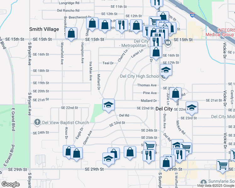map of restaurants, bars, coffee shops, grocery stores, and more near 1932 Lariet Lane in Del City