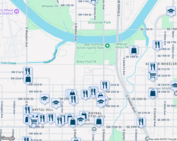 map of restaurants, bars, coffee shops, grocery stores, and more near 2101 South Harvey Avenue in Oklahoma City