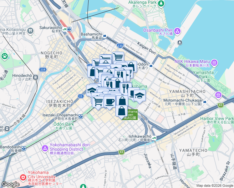 map of restaurants, bars, coffee shops, grocery stores, and more near in Yokohama