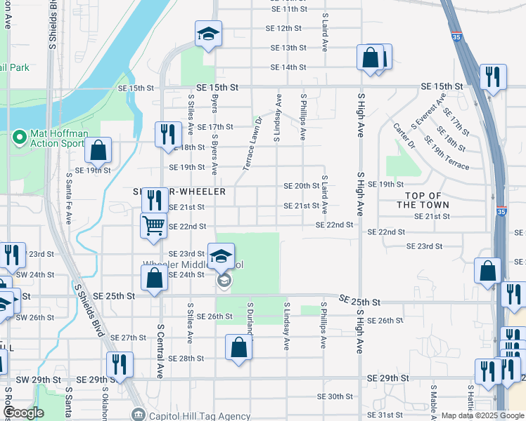 map of restaurants, bars, coffee shops, grocery stores, and more near 630 Southeast 21st Street in Oklahoma City