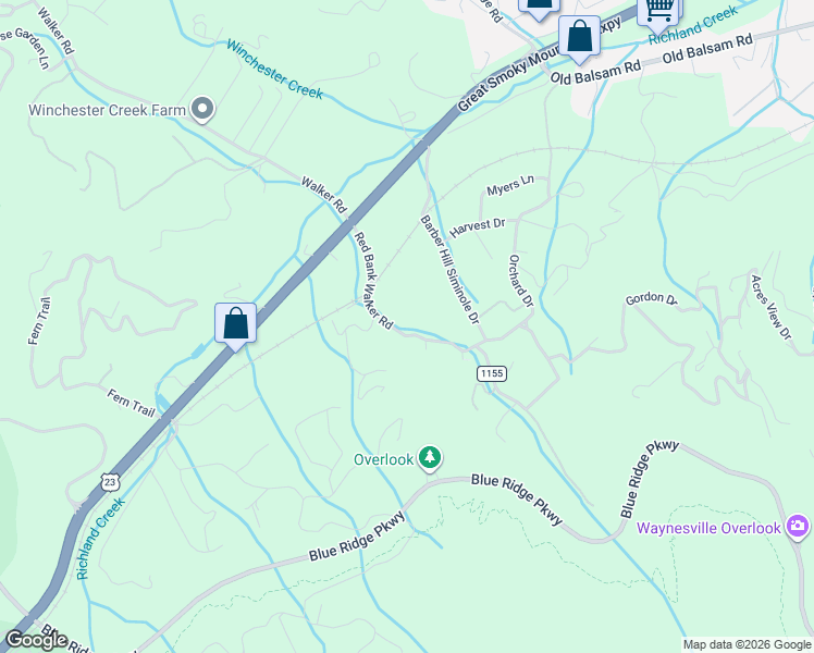 map of restaurants, bars, coffee shops, grocery stores, and more near 266 Red Bank Road in Waynesville