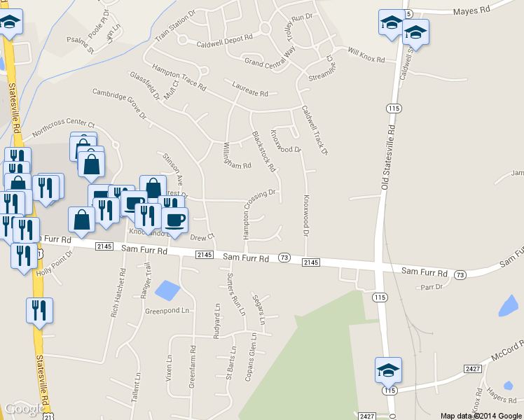 map of restaurants, bars, coffee shops, grocery stores, and more near 10317 Grosson Court in Huntersville