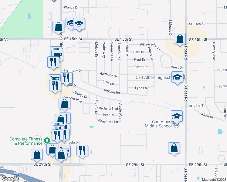 map of restaurants, bars, coffee shops, grocery stores, and more near 9413 Rhythm Road in Midwest City