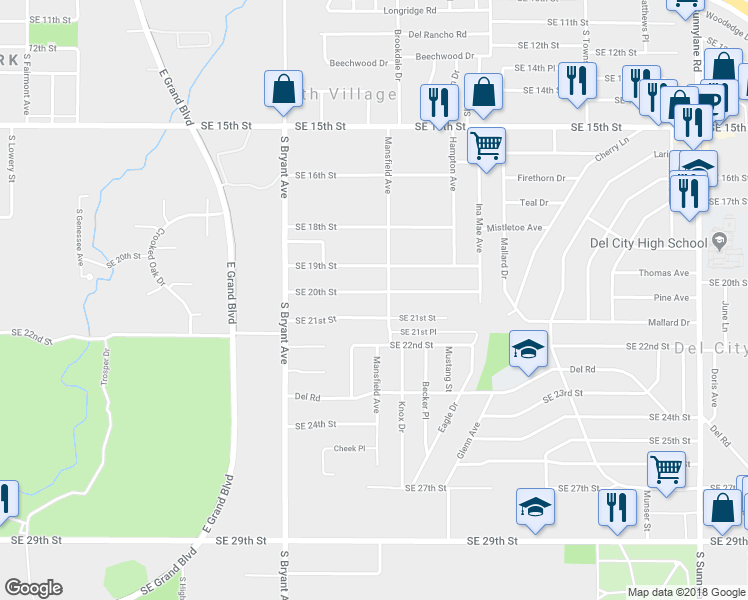 map of restaurants, bars, coffee shops, grocery stores, and more near 3114 Southeast 20th Street in Del City