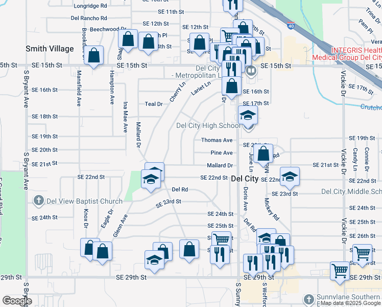 map of restaurants, bars, coffee shops, grocery stores, and more near 1929 Breckenridge Drive in Del City