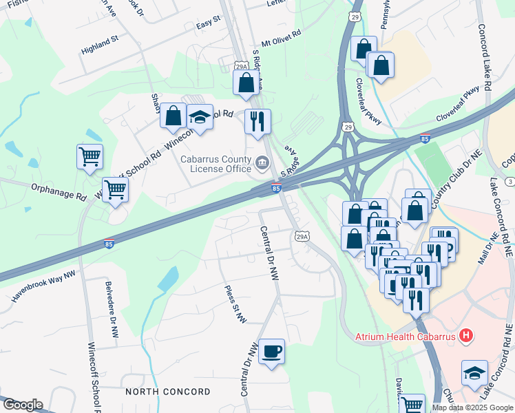 map of restaurants, bars, coffee shops, grocery stores, and more near 7 Mills Avenue Northwest in Concord