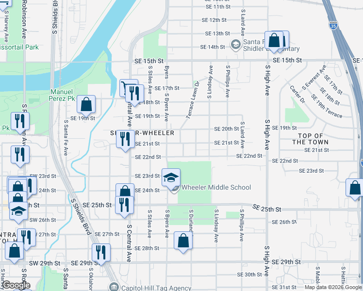 map of restaurants, bars, coffee shops, grocery stores, and more near 508 Southeast 21st Street in Oklahoma City