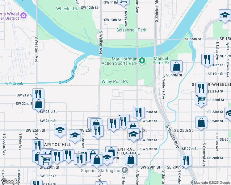 map of restaurants, bars, coffee shops, grocery stores, and more near 2101 South Harvey Avenue in Oklahoma City