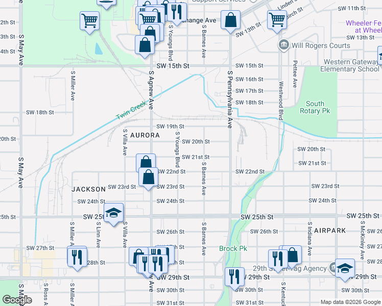 map of restaurants, bars, coffee shops, grocery stores, and more near 2217 Southwest 21st Street in Oklahoma City