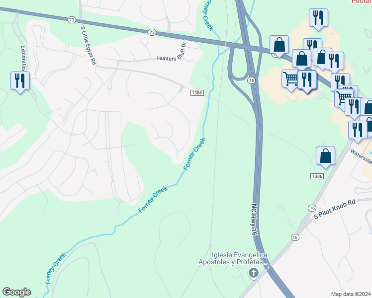 map of restaurants, bars, coffee shops, grocery stores, and more near 7355 Oxford Bluff Drive in Stanley