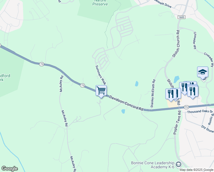 map of restaurants, bars, coffee shops, grocery stores, and more near 16010 Davidson-Concord Road in Davidson
