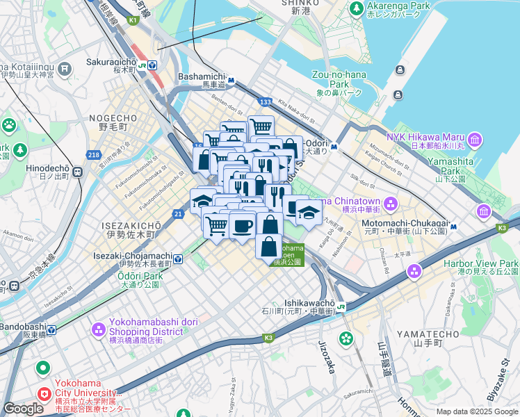 map of restaurants, bars, coffee shops, grocery stores, and more near in Yokohama