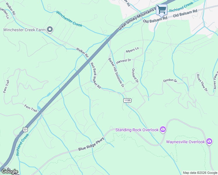map of restaurants, bars, coffee shops, grocery stores, and more near 355 Red Bank Road in Waynesville