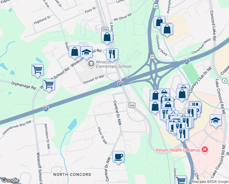 map of restaurants, bars, coffee shops, grocery stores, and more near 7 Mills Avenue Northwest in Concord