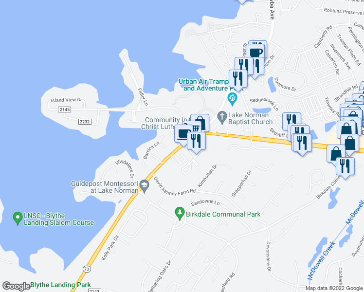 map of restaurants, bars, coffee shops, grocery stores, and more near 16512 Highway 73 in Huntersville
