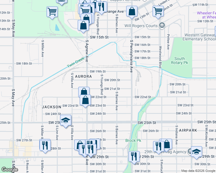 map of restaurants, bars, coffee shops, grocery stores, and more near 2217 Southwest 21st Street in Oklahoma City