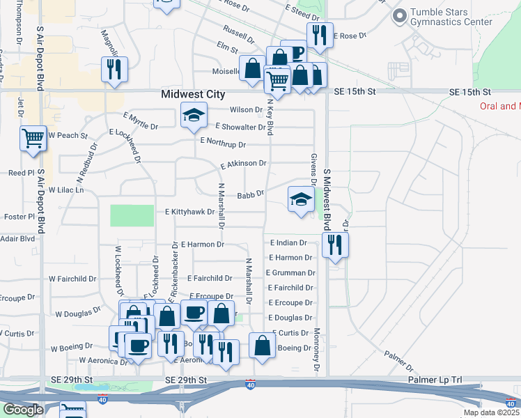 map of restaurants, bars, coffee shops, grocery stores, and more near 800 North key Boulevard in Midwest City