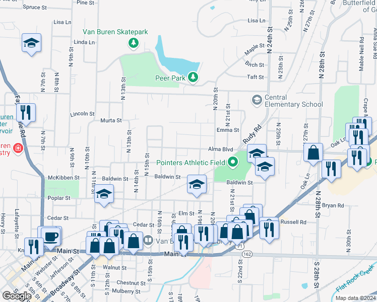 map of restaurants, bars, coffee shops, grocery stores, and more near 1810 Alma Boulevard in Van Buren