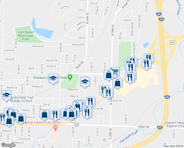 map of restaurants, bars, coffee shops, grocery stores, and more near 698 North 25th Street in Van Buren