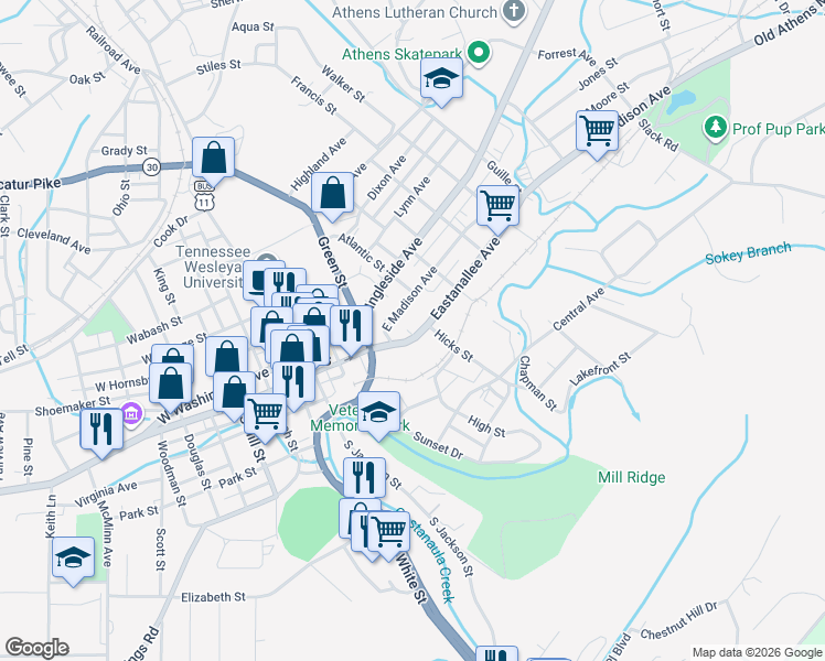 map of restaurants, bars, coffee shops, grocery stores, and more near 402 Eastanallee Avenue in Athens