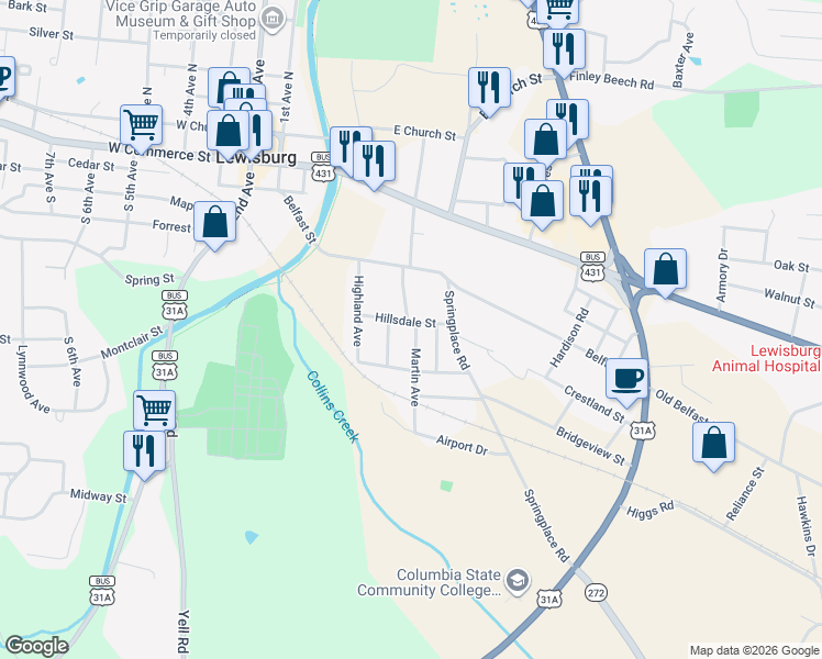 map of restaurants, bars, coffee shops, grocery stores, and more near 521 Martin Avenue in Lewisburg