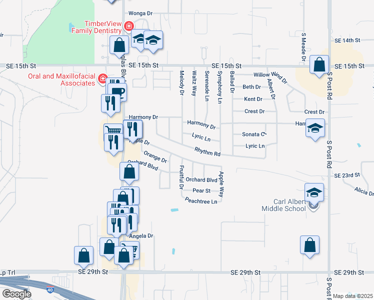 map of restaurants, bars, coffee shops, grocery stores, and more near 9312 Rhythm Road in Midwest City