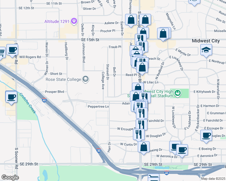 map of restaurants, bars, coffee shops, grocery stores, and more near 807 Bell Drive in Midwest City