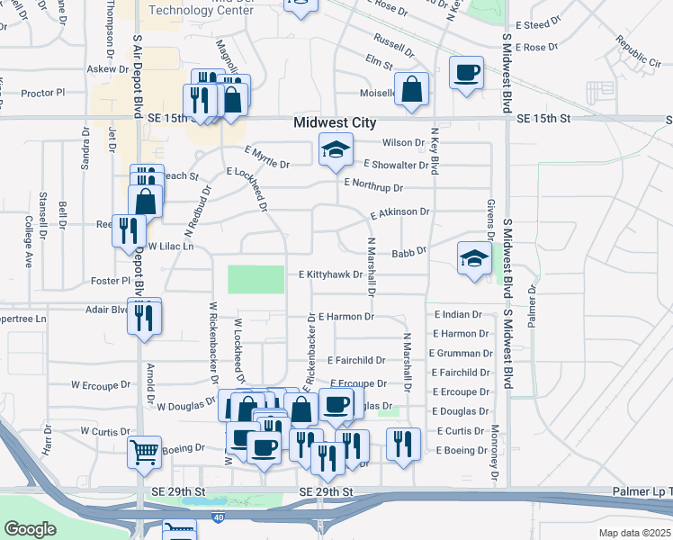map of restaurants, bars, coffee shops, grocery stores, and more near 213 East Kittyhawk Drive in Midwest City