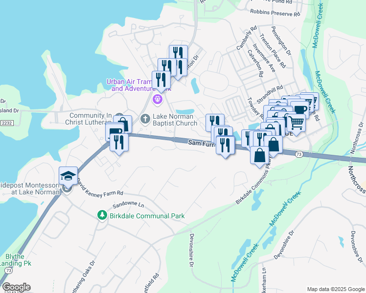 map of restaurants, bars, coffee shops, grocery stores, and more near 16610 Glenfurness Drive in Huntersville
