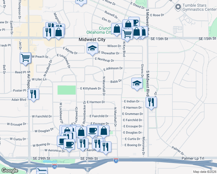 map of restaurants, bars, coffee shops, grocery stores, and more near 307 East Kittyhawk Drive in Midwest City