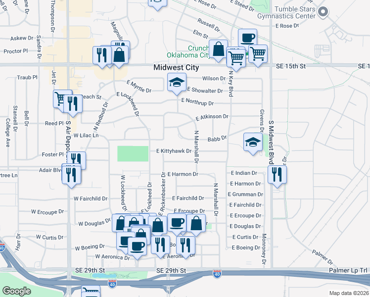 map of restaurants, bars, coffee shops, grocery stores, and more near 221 East Kittyhawk Drive in Midwest City