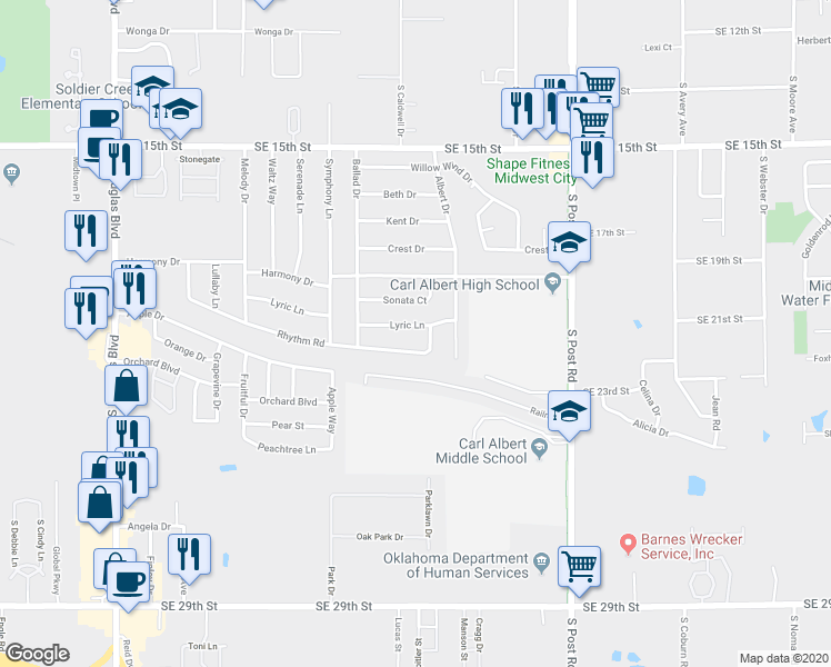 map of restaurants, bars, coffee shops, grocery stores, and more near 9708 Lyric Lane in Oklahoma City