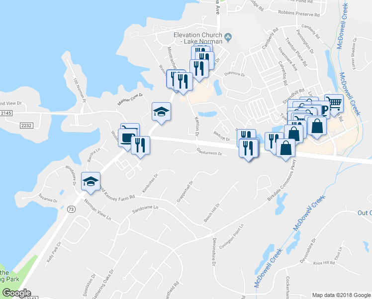 map of restaurants, bars, coffee shops, grocery stores, and more near 8101 Maxwelton Drive in Huntersville