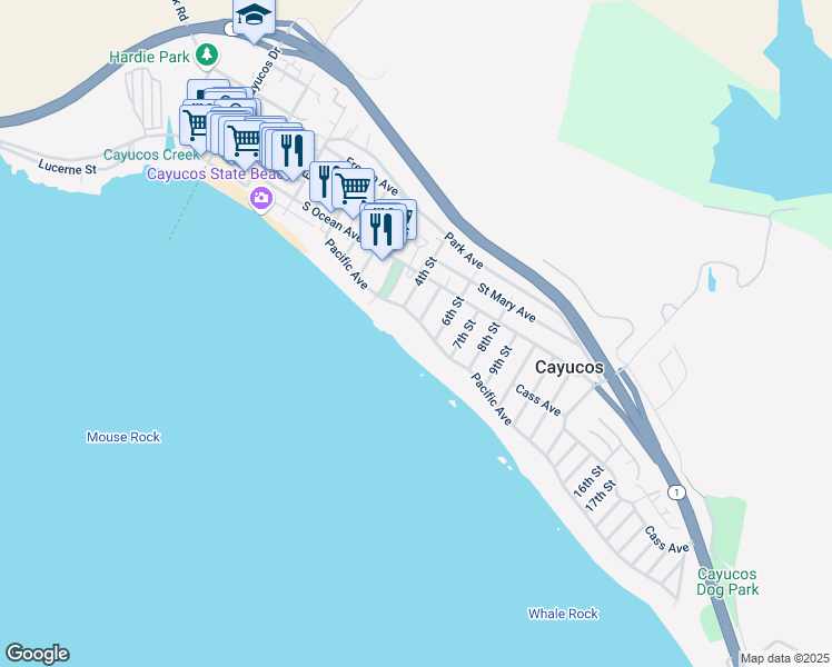 map of restaurants, bars, coffee shops, grocery stores, and more near 502 Pacific Avenue in Cayucos
