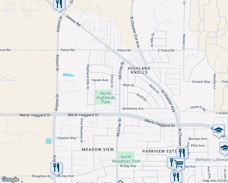 map of restaurants, bars, coffee shops, grocery stores, and more near 4300 Orrick Court in Bakersfield