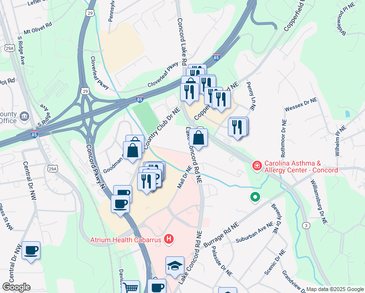 map of restaurants, bars, coffee shops, grocery stores, and more near 515 Lake Concord Road Northeast in Concord