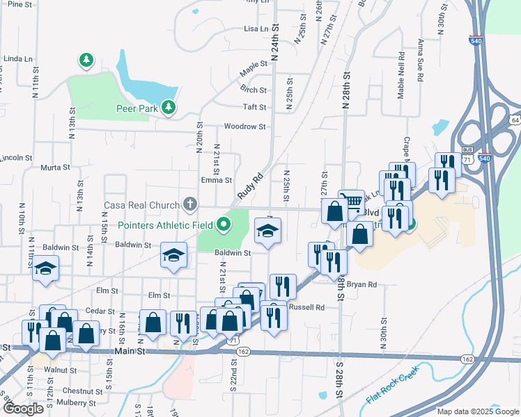 map of restaurants, bars, coffee shops, grocery stores, and more near 620 North 24th Street in Van Buren