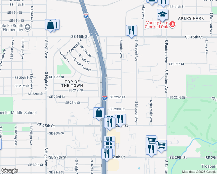 map of restaurants, bars, coffee shops, grocery stores, and more near 2220 South Prospect Avenue in Oklahoma City