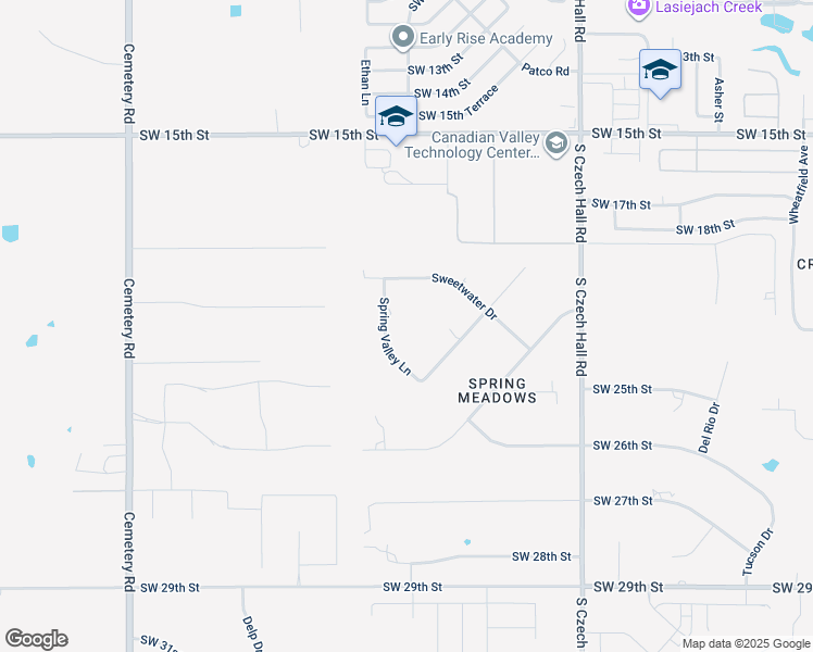 map of restaurants, bars, coffee shops, grocery stores, and more near 2500 Spring Valley Lane in Yukon