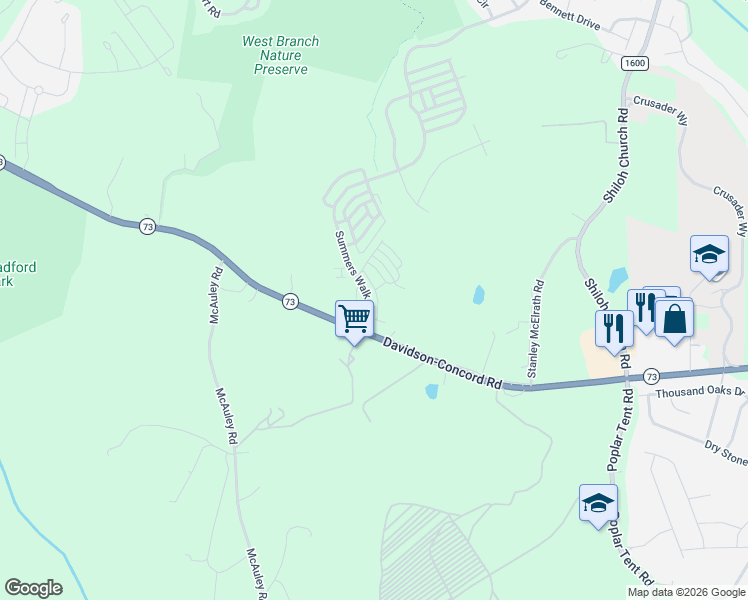 map of restaurants, bars, coffee shops, grocery stores, and more near 16010 Davidson-Concord Road in Davidson