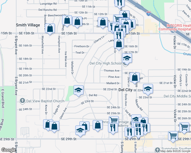 map of restaurants, bars, coffee shops, grocery stores, and more near 1936 Elm Drive in Del City
