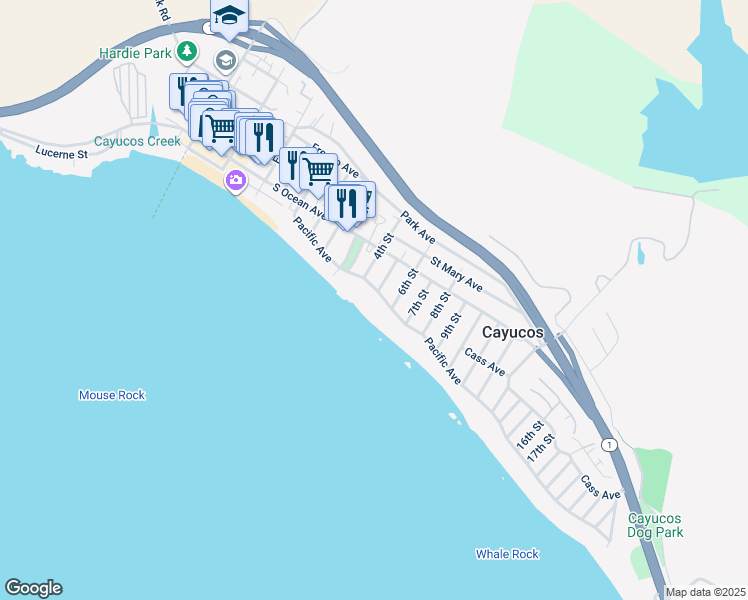 map of restaurants, bars, coffee shops, grocery stores, and more near 502 Pacific Avenue in Cayucos