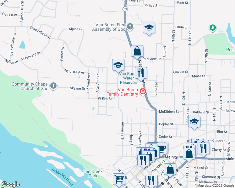 map of restaurants, bars, coffee shops, grocery stores, and more near 600 Bella Vista Street in Van Buren