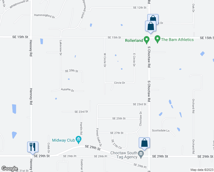 map of restaurants, bars, coffee shops, grocery stores, and more near 14654 Circle Drive in Choctaw