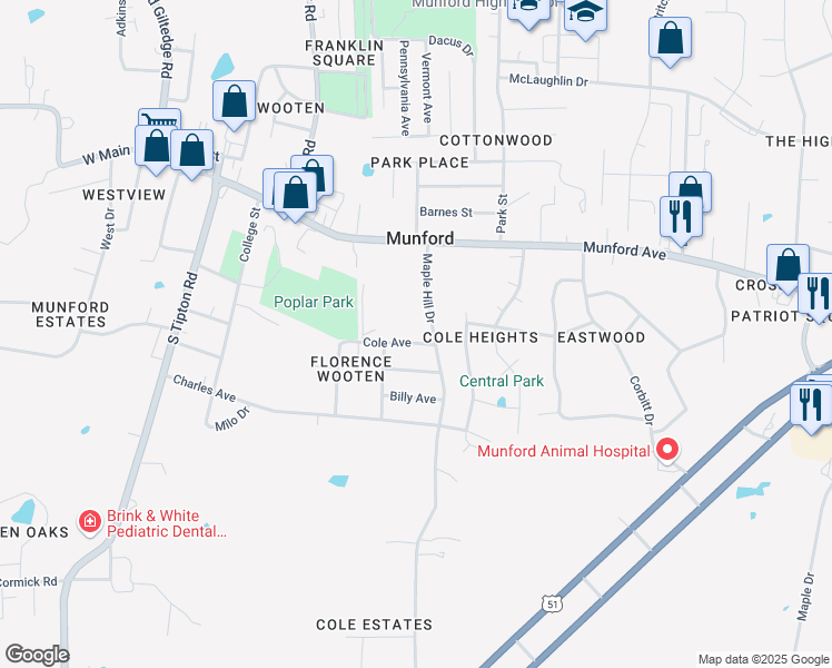 map of restaurants, bars, coffee shops, grocery stores, and more near 44 Cole Avenue in Munford