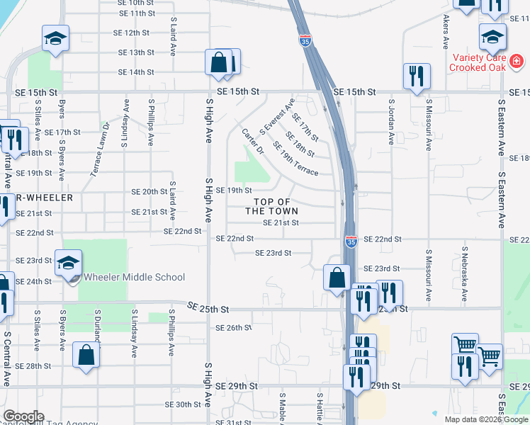 map of restaurants, bars, coffee shops, grocery stores, and more near 1161 Southeast 21st Street in Oklahoma City