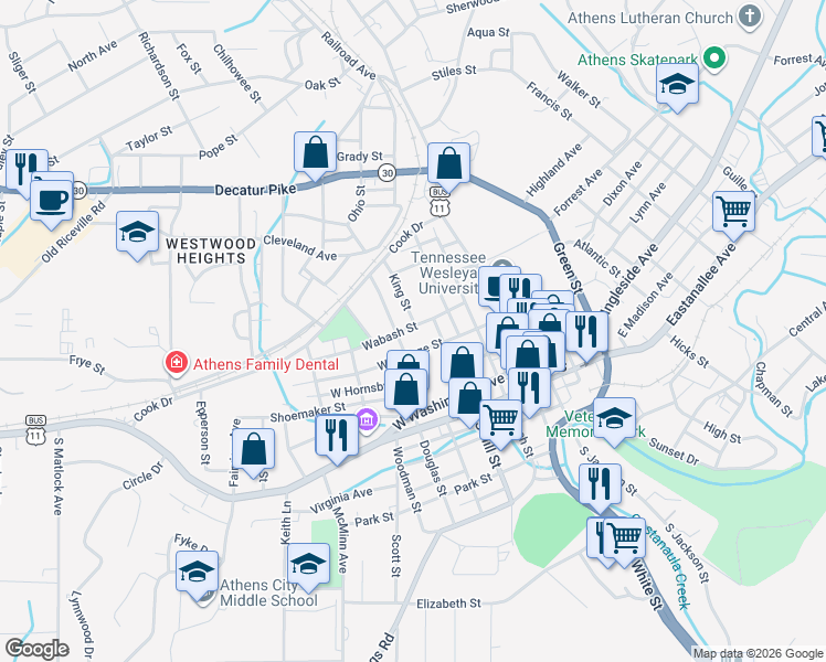 map of restaurants, bars, coffee shops, grocery stores, and more near 406 Kilgore Street in Athens